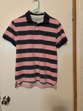 American Eagle Outfitters Men’s Pink and Black Striped Polo